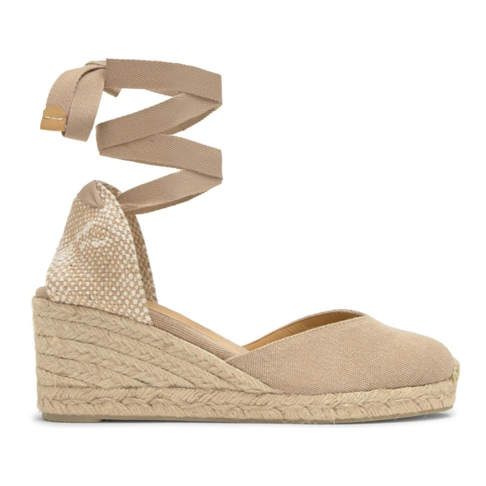 Alpargata con cuña 7 cm en lona de algodón con pala en v y cintas al tobillo