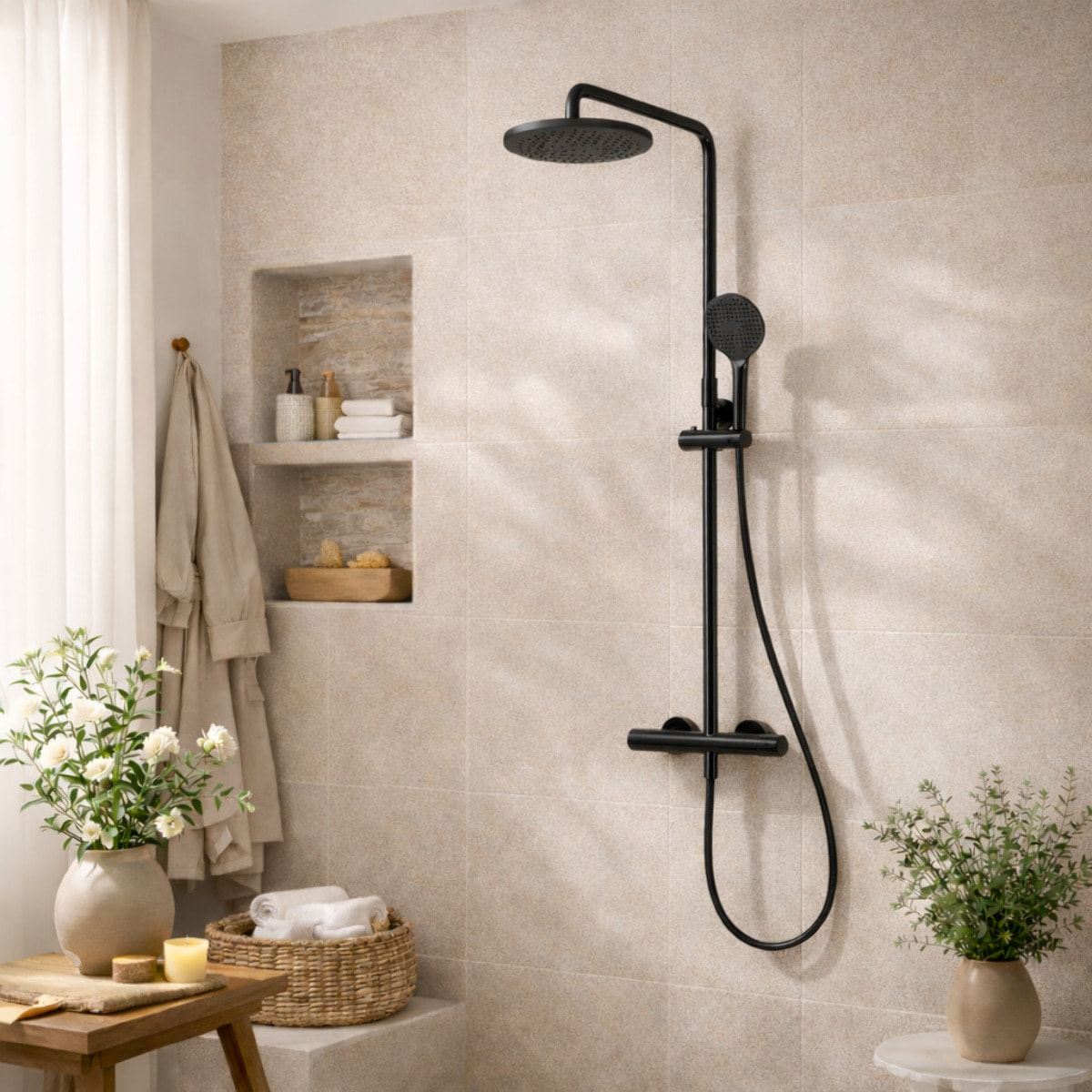 Colonne de Douche | Noir | avec Robinet | Mitigeur | Hauteur Reglable | Alday