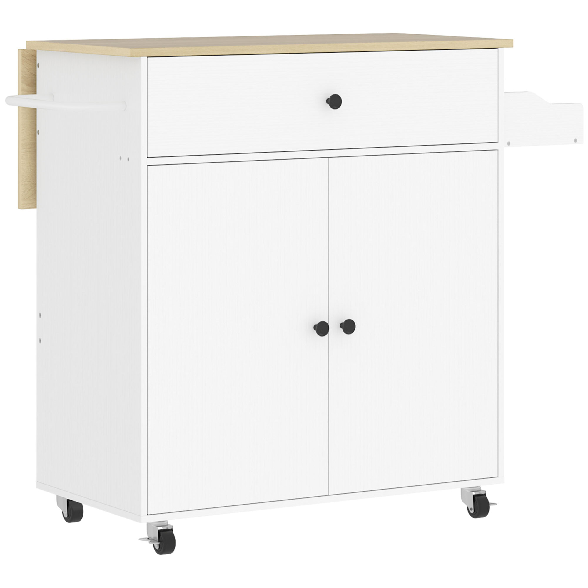 Desserte de cuisine 2 portes étagère tiroir support épices porte-serviette blanc effet bois naturel