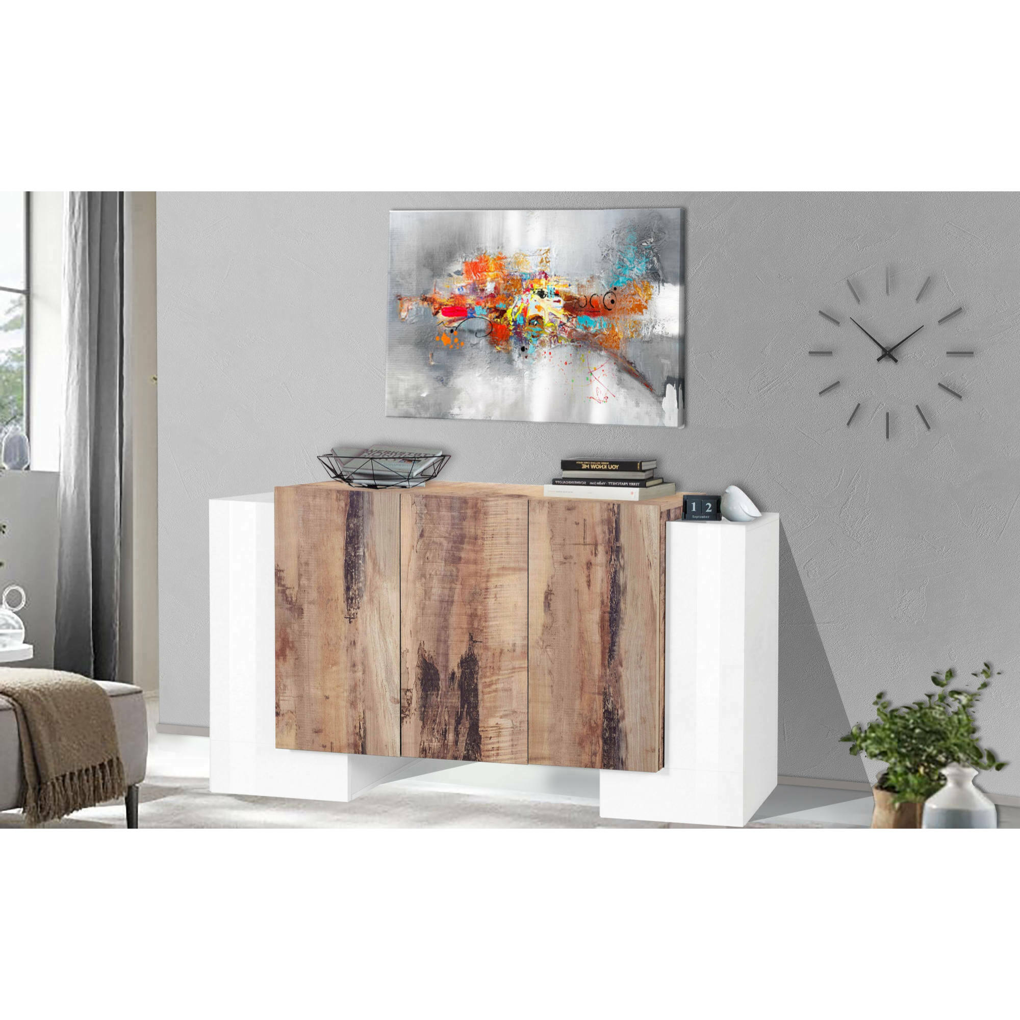 Credenza moderna a 5 ante, Made in Italy, Madia da cucina, Buffet di design da soggiorno, cm 170x45h85, colore Bianco lucido e Acero