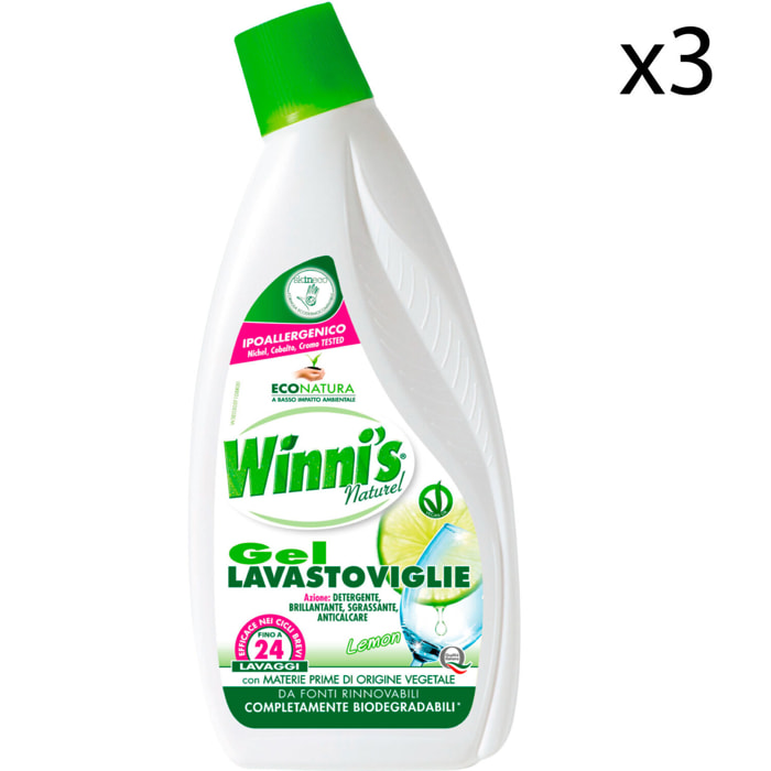 3x Winni's Naturel Gel Lavastoviglie al Limone Formula 4in1 24 Lavaggi - 3 Flaconi da 600ml