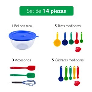 Set 14 piezas para repostería (bol + cuchara + espátula + batidor + 5 tazas de medición + 5 cucharas medidoras), Benetton