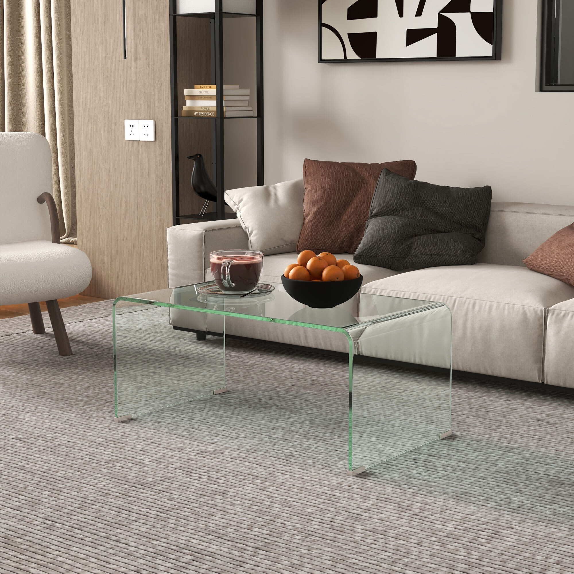 Table basse design contemporain dim. 80L x 45l x 35H cm verre trempé 10 mm transparent