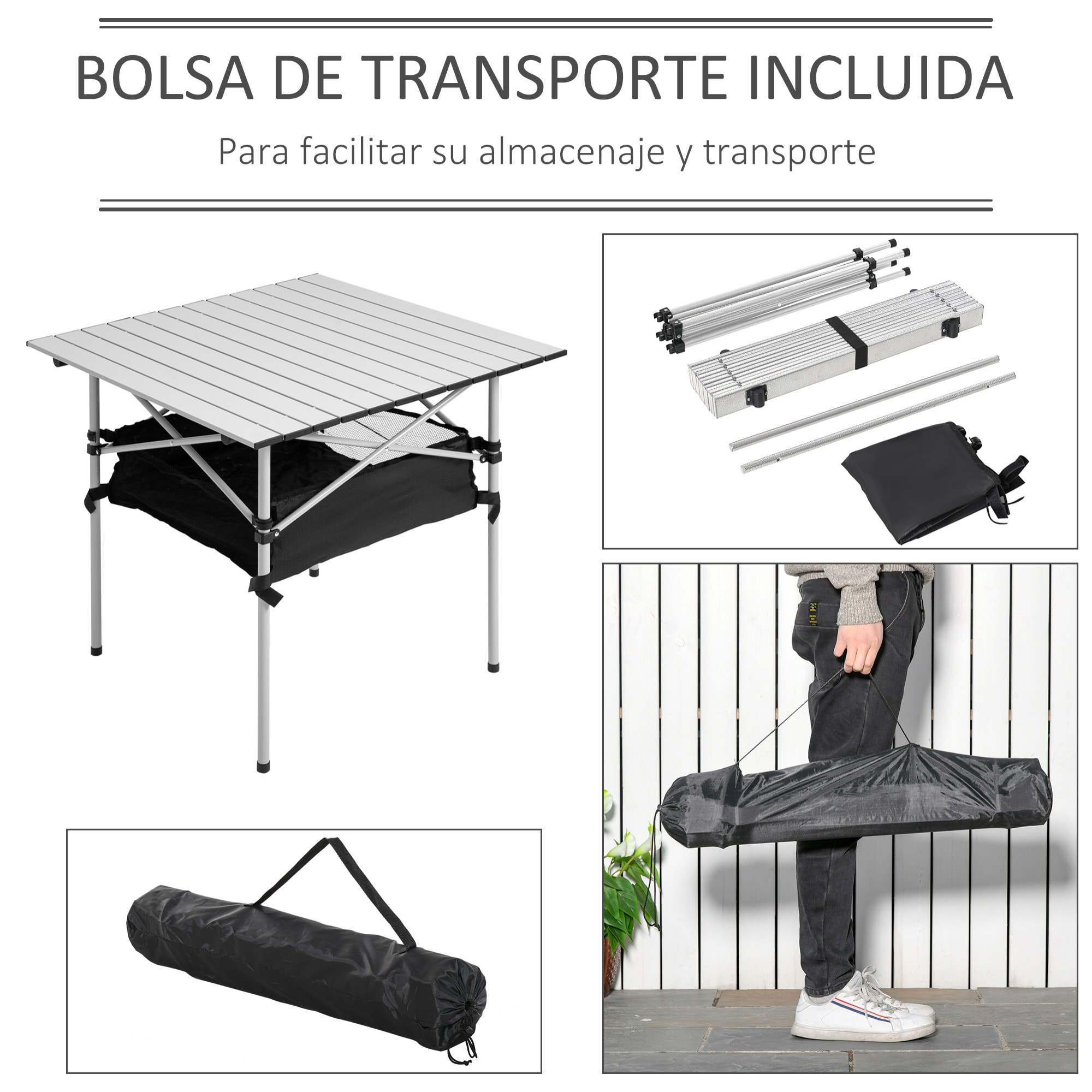 Mesa de Camping Plegable Mesa Plegable Portátil Multifuncional con Espacio Almacenaje de Malla y Bolsa de Transporte para Jardín Balcón Patio Exterior 70x70x69 cm Plata