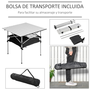 Mesa de Camping Plegable Mesa Plegable Portátil Multifuncional con Espacio Almacenaje de Malla y Bolsa de Transporte para Jardín Balcón Patio Exterior 70x70x69 cm Plata