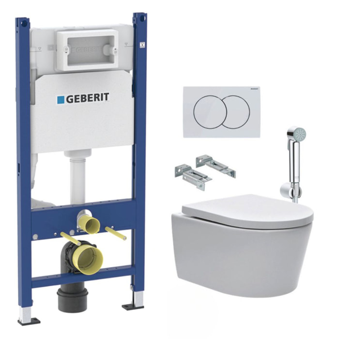 Pack WC sans bride SAT, fixations invisibles + Abattant softclose + Bâti support Geberit UP100 + Plaque + Douchette Grohe