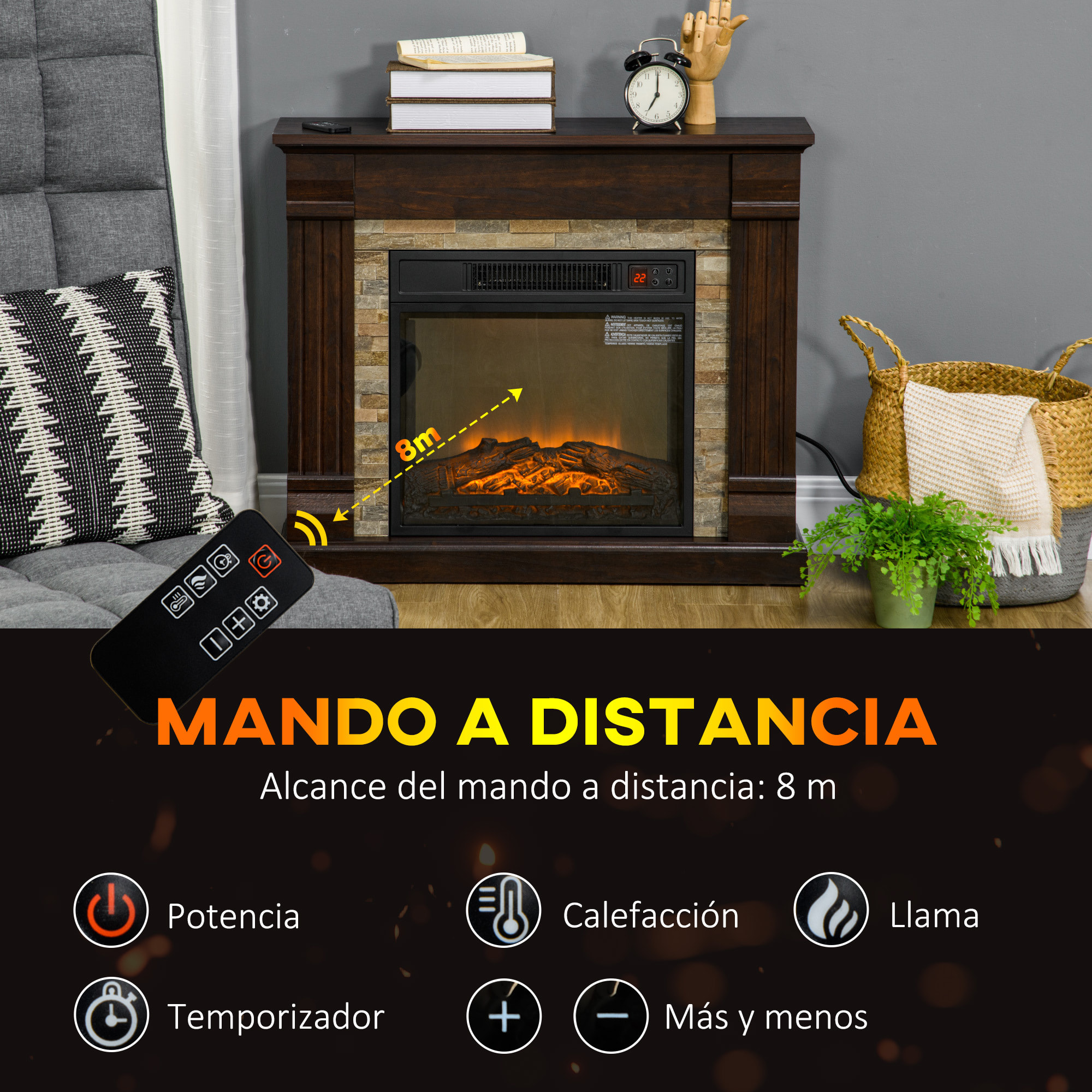 Chimenea Eléctrica 1800W Calentador de Chimenea con Efecto de Llama Mando a Distancia Temporizador y Protección Sobrecalentamiento para Sala 30 m² 80x21,6x67,8 cm Marrón Oscuro