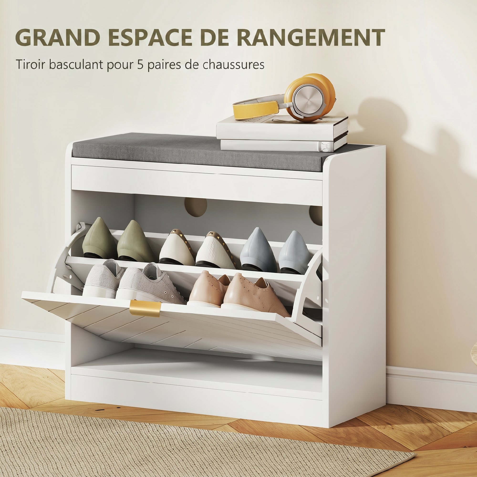 Banc à chaussures design porte motif chevrons étagère dim. 60 x 26 x 52cm coussin gris blanc