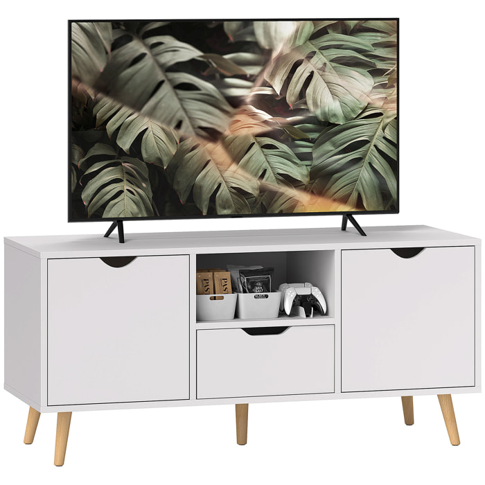 Mueble de TV, Mesa de TV con Cajón, 2 Puertas y Estante Abierto, Patas de Madera, para Televisores hasta 50 Pulgadas, Largo de 110 cm, para Salón, Dormitorio, Blanco