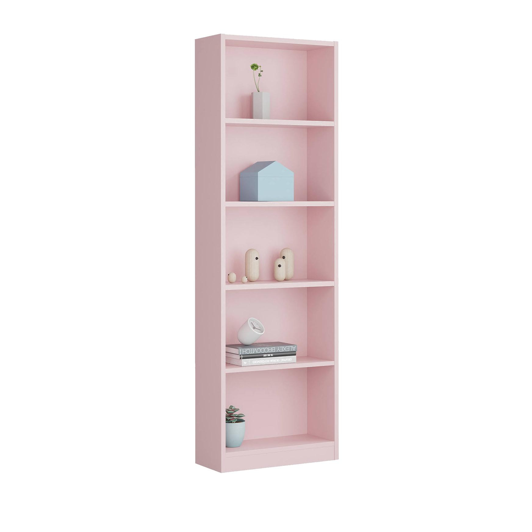 Libreria Pomona, Mobile portalibri alta a 5 ripiani, Scaffale da ufficio o cameretta, Scaffale moderno con scomparti, cm 52x25h80, Rosa