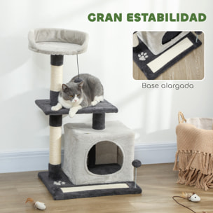 Árbol Rascador para Gatos, Árbol para Gatos 85 cm, Torre Escalador con Plataformas, Cueva, Postes Rascadores, Tapete de Sisal, Bolas, Gris Claro y Negro