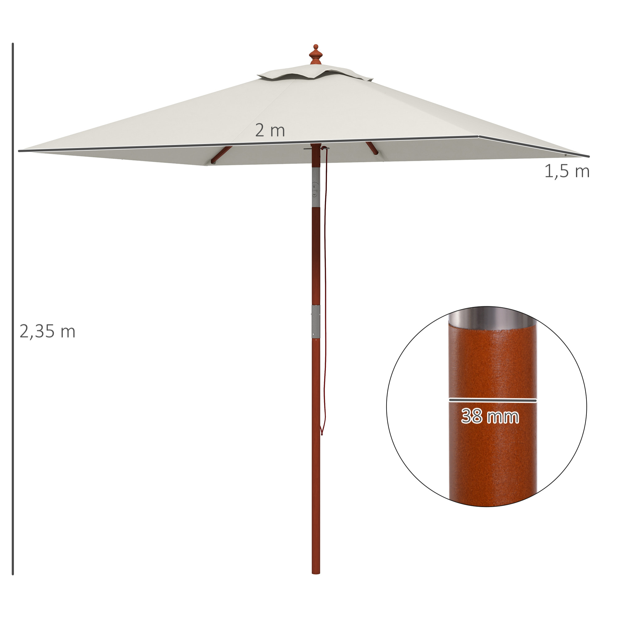 Sombrilla de Jardín 200x150x235 cm Parasol de Terraza Rectangular Inclinable con Anti-UV Impermeable y Poste de Madera para Playa Patio Beige