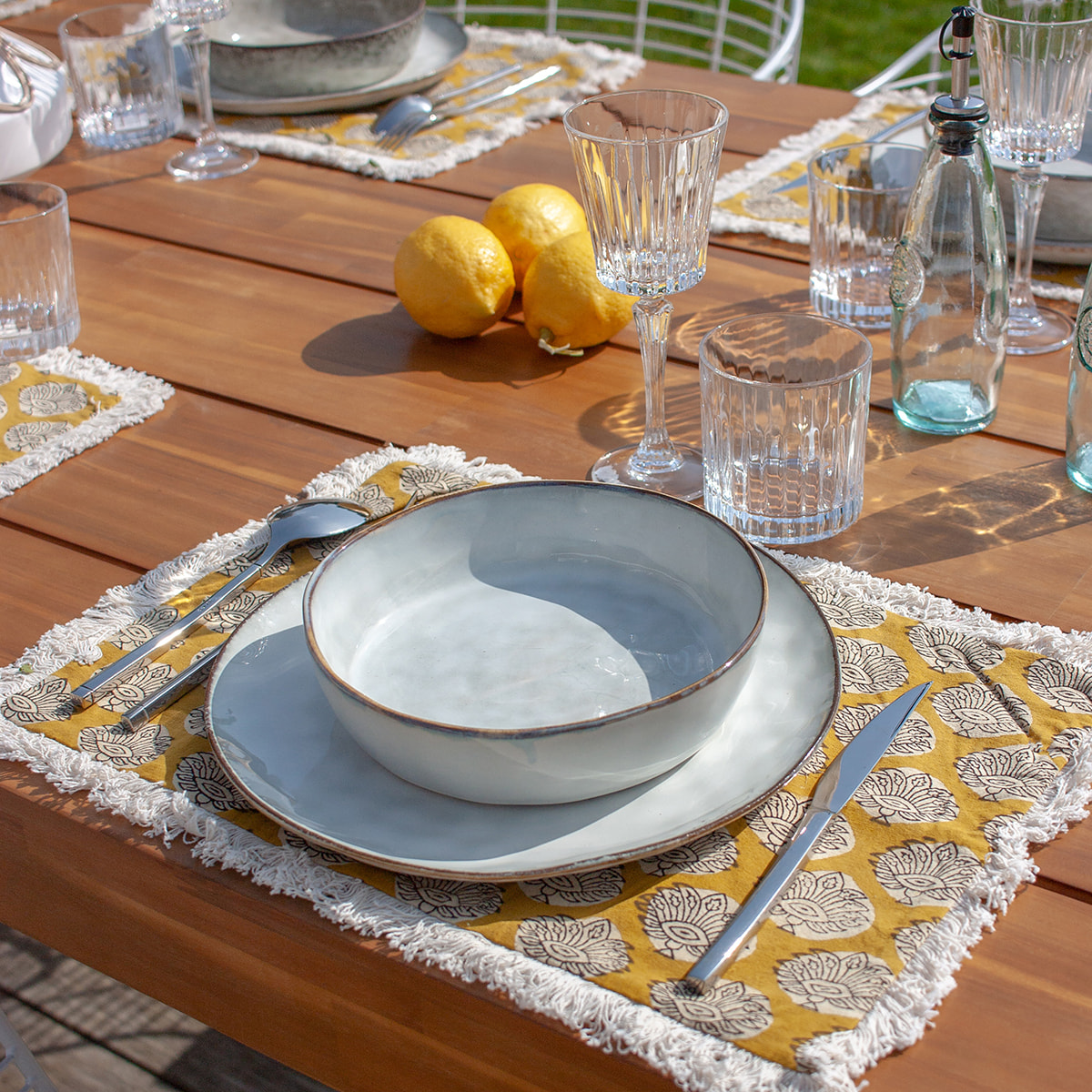 LOT 4 SETS DE TABLE EN COTON JAUNE MOUTARDE + FRANGES 43X28CM CATANE