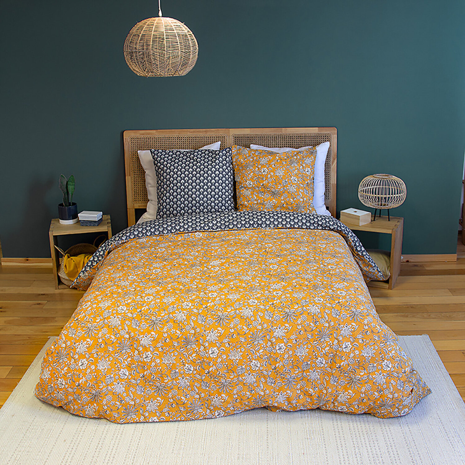 Parure housse de couette 100% coton motif floral - jaune moutarde