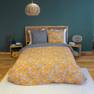 Parure housse de couette 100% coton motif floral - jaune moutarde
