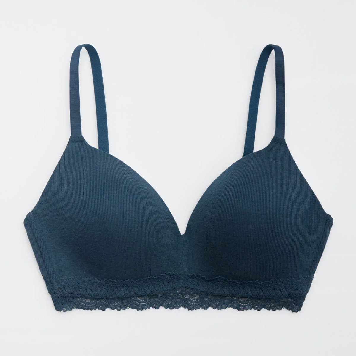 Reggiseno imbottito a coste senza ferretto con pizzo blu navy, coppa B