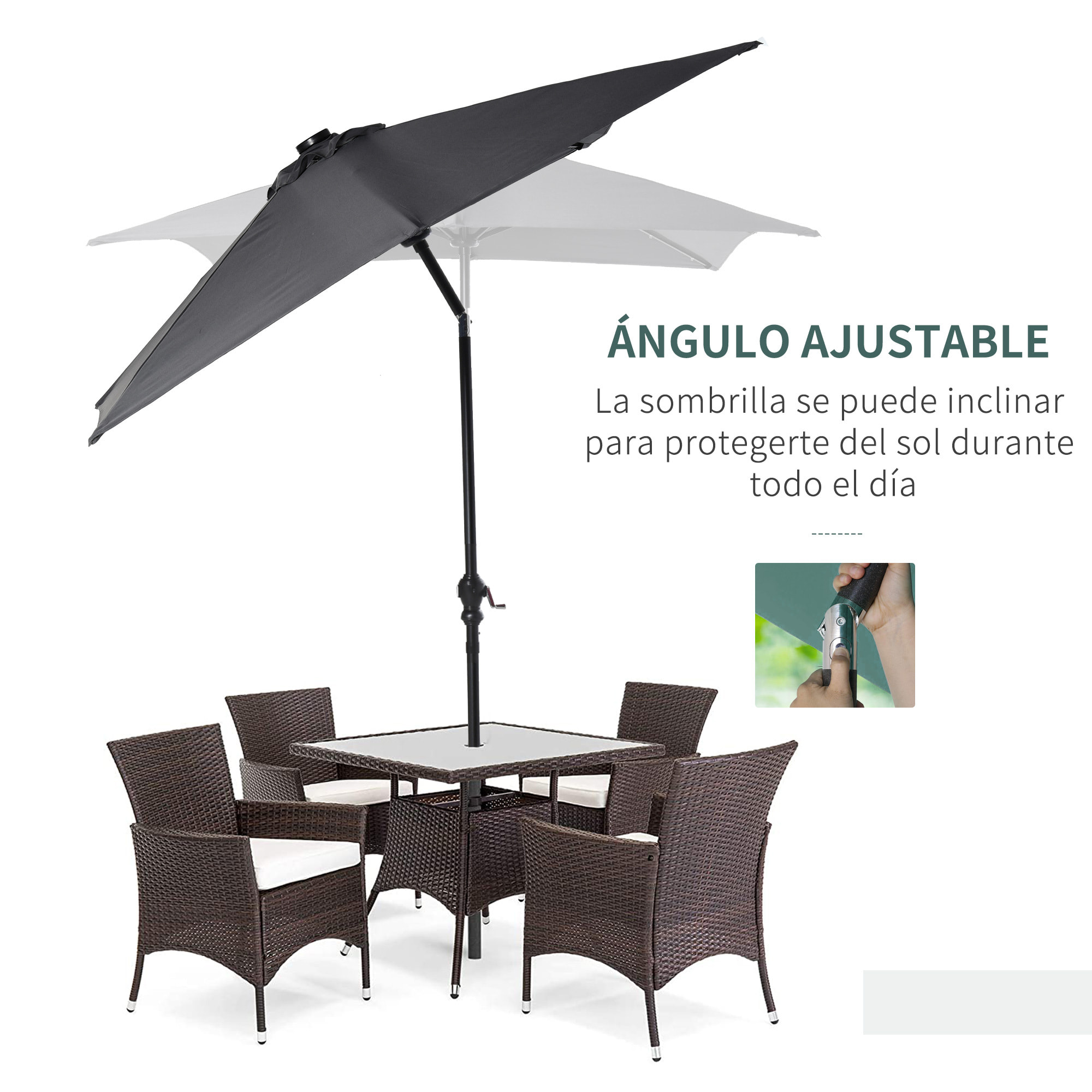 Sombrilla de Jardín 268x205x248 cm Parasol de Terraza con Techo Inclinable hasta 45° Luces LED Solares Anti-UV e Impermeable para Patio Balcón Gris Oscuro