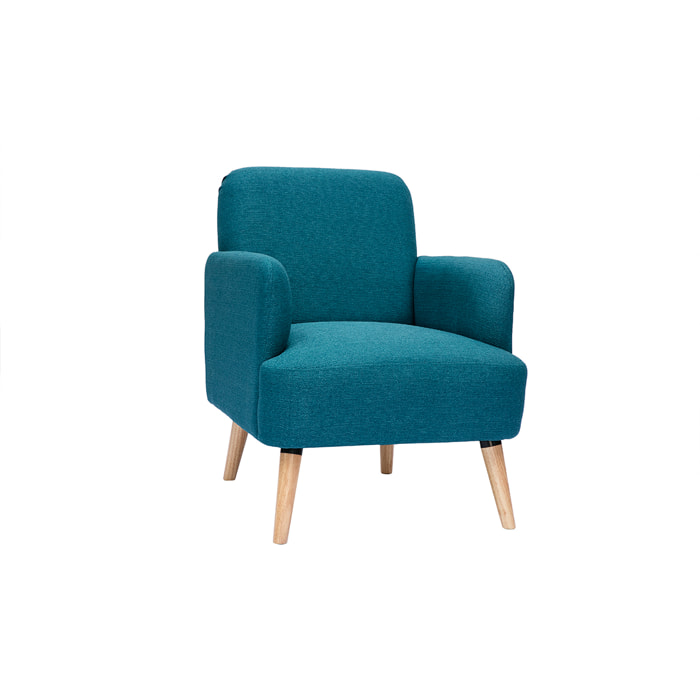 Fauteuil scandinave en tissu bleu canard et bois clair ISKO