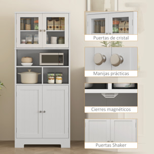 Alacena de Cocina Mueble Auxiliar de Cocina Aparador Alto con 2 Puertas de Vidrio Estantes Ajustables y Compartimentos Abiertos 60x30x145,5 cm Blanco