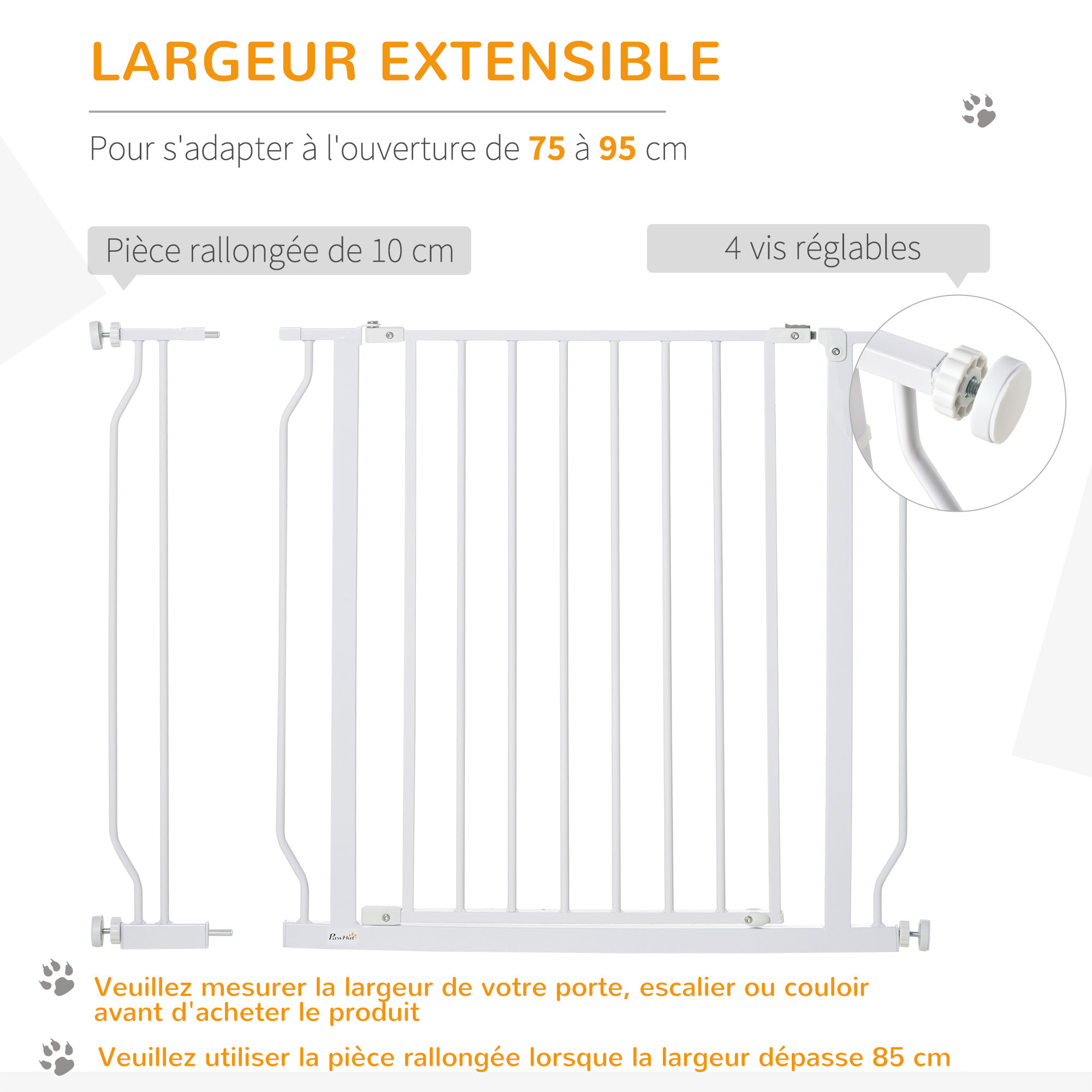 Barrière de sécurité animaux - longueur réglable dim. 75-95 cm - porte double verrouillage, ouverture double sens -sans perçage - acier ABS blanc