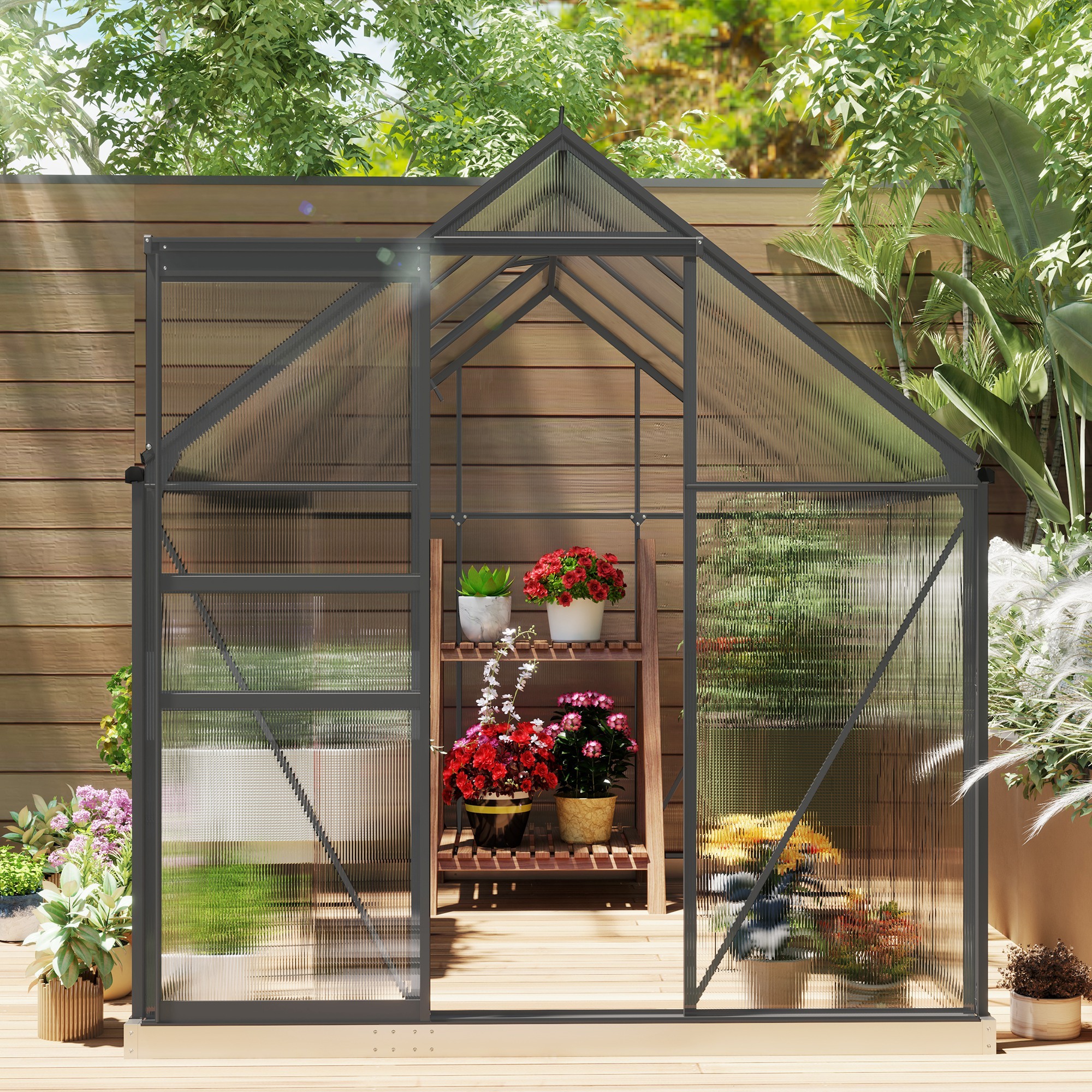 Serre de jardin polycarbonate alu 4,8 m² dim. 2,53L x 1,9l x 1,99H m lucarne réglable fondation porte coulissante gris