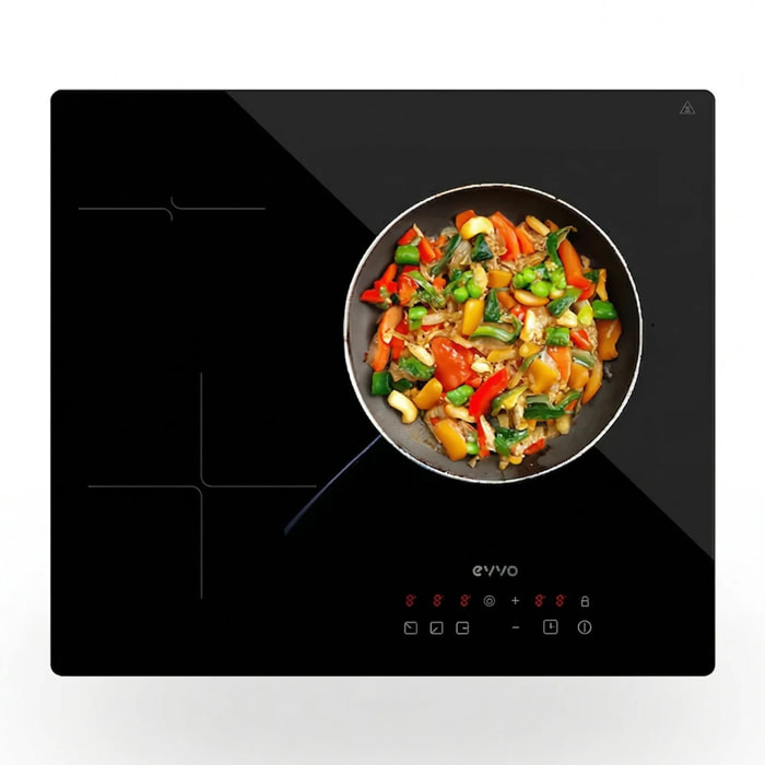 EVVO Placa Vitrocerámica 3 zonas de cocinado V60, Potencia máxima 5.700W, 9 niveles, máx diámetro 30 cm, control táctil, indicador de calor