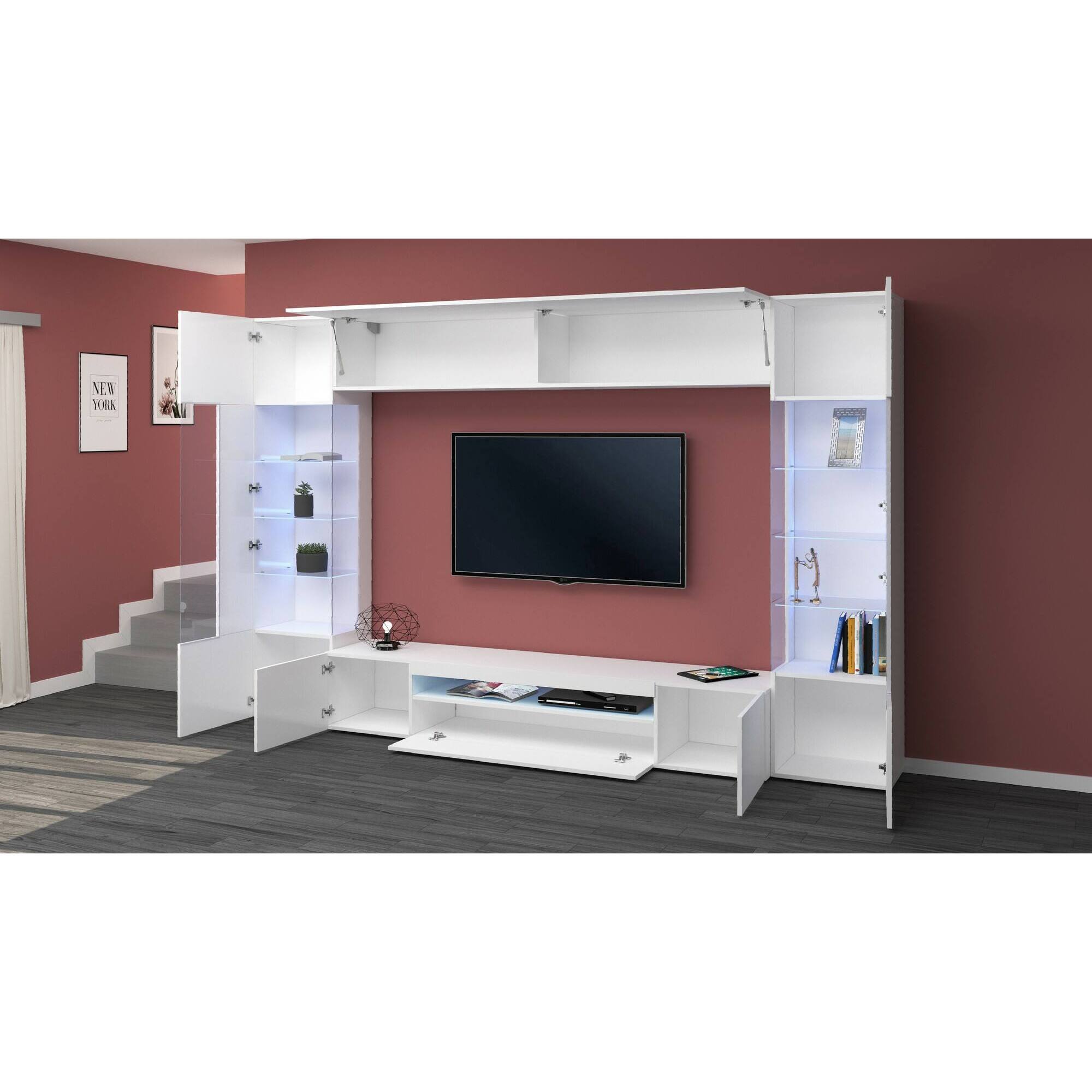 Parete attrezzata Clementino, Set salotto porta TV a 6 ante, Mobile soggiorno multiuso con luce LED, 100% Made in Italy, cm 290x40h191, Bianco lucido