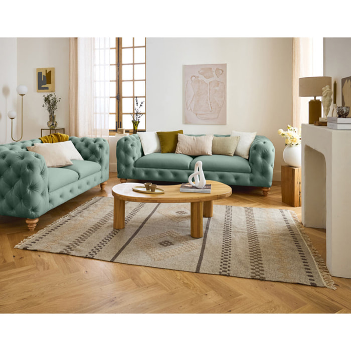 Walter - canapé 2 places chesterfield en velours - pieds bois - Bleu
