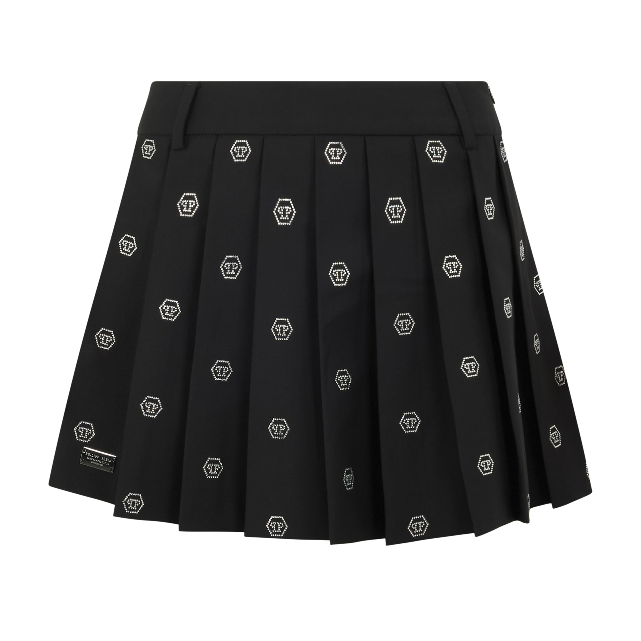 PHILIPP PLEIN Pleated Mini Skirt Small Monogram Strass Monogram Strass