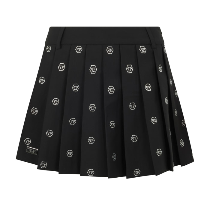 PHILIPP PLEIN Pleated Mini Skirt Small Monogram Strass Monogram Strass
