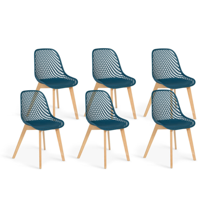 Chaises Maëlle assise ajourée et pieds bois - Bleu