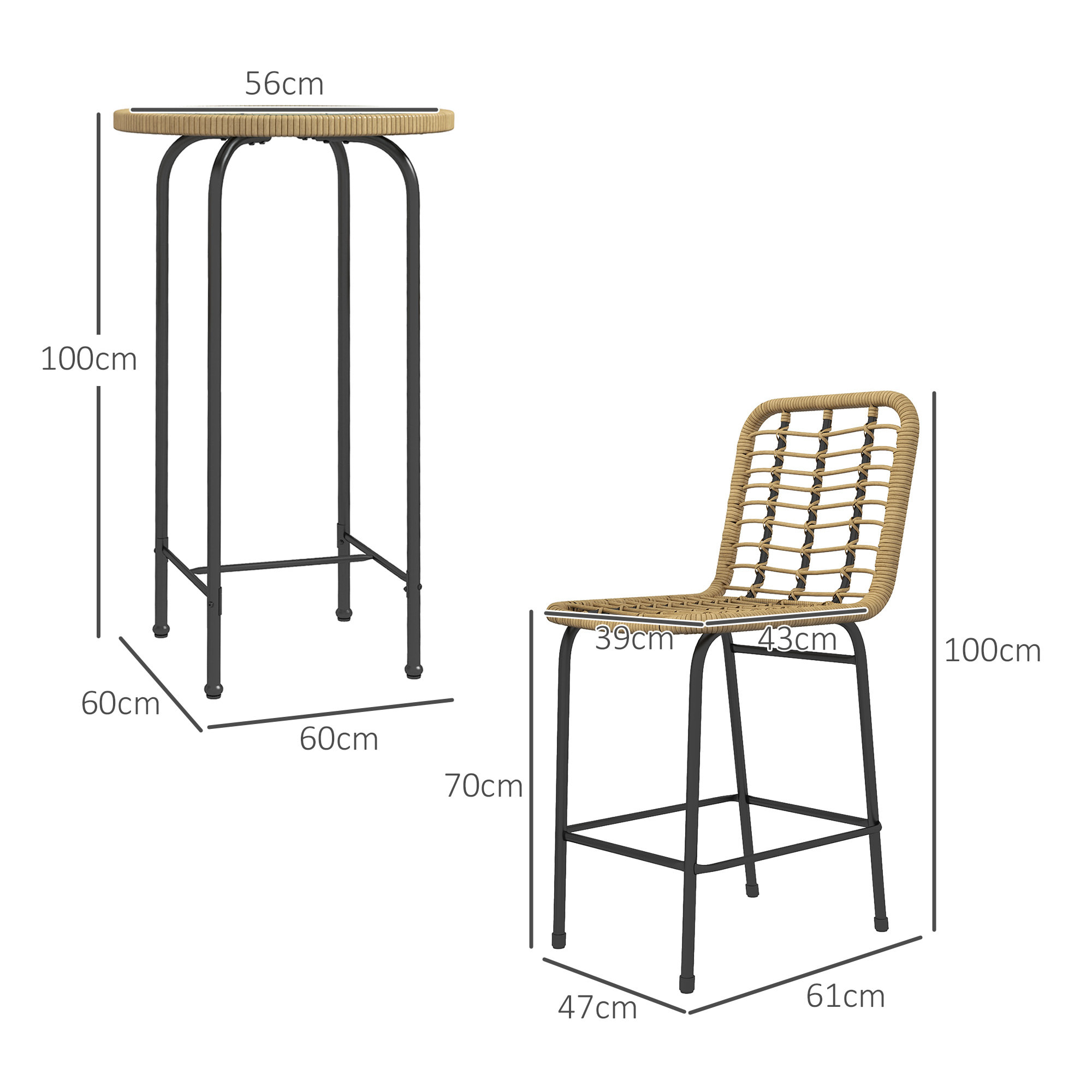 Ensemble de bar de jardin 3 pcs style colonial - 2 tabourets, table - métal époxy résine tressée aspect rotin