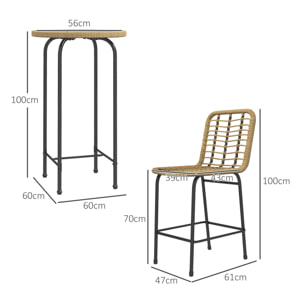 Ensemble de bar de jardin 3 pcs style colonial - 2 tabourets, table - métal époxy résine tressée aspect rotin