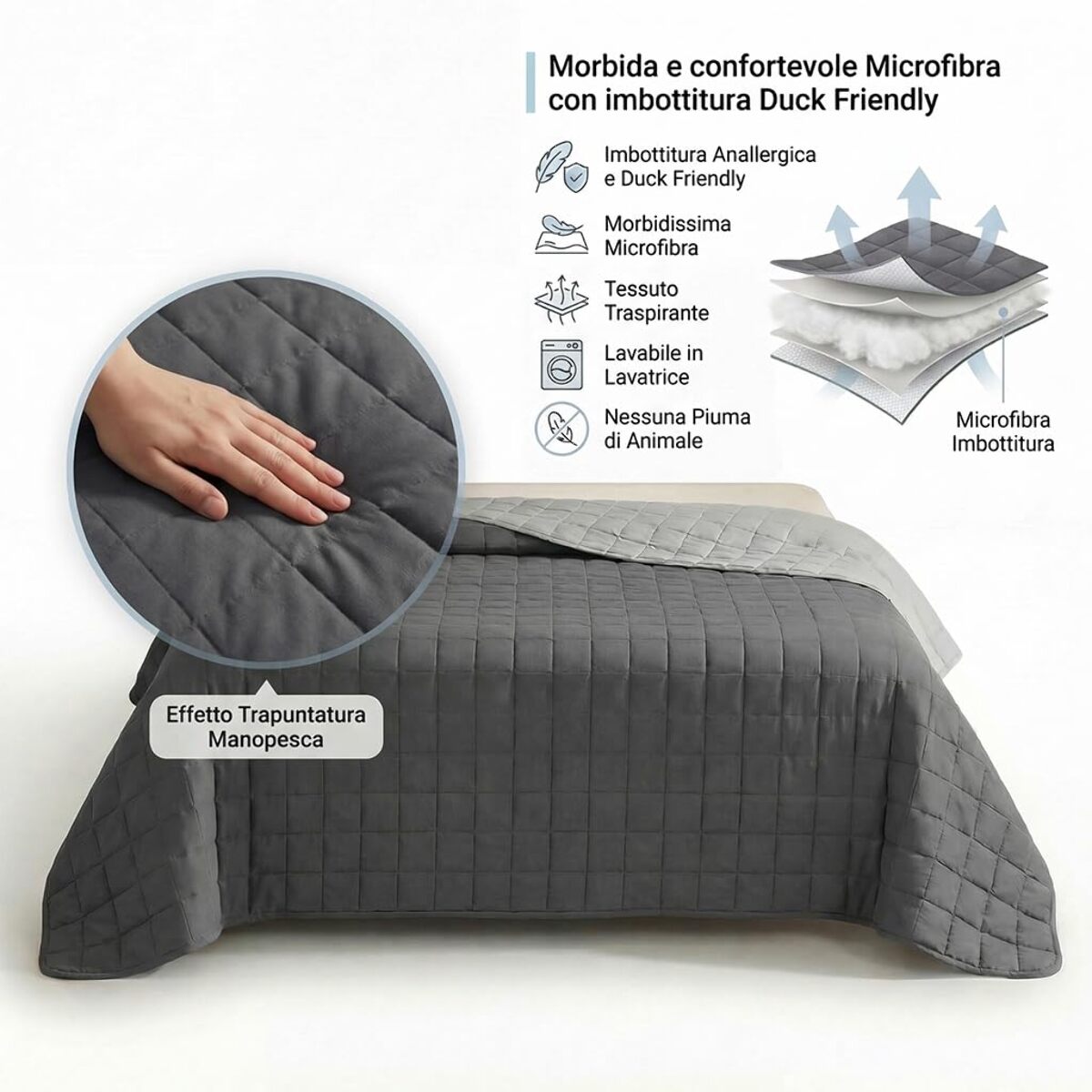 Copriletto matrimoniale estivo leggero double face 260x260 cm, trapunta estiva traspirante e morbida, coperta primaverile elegante e moderna, design reversibile per doppio stile, ideale per stagione calda, resistente e facile da lavare