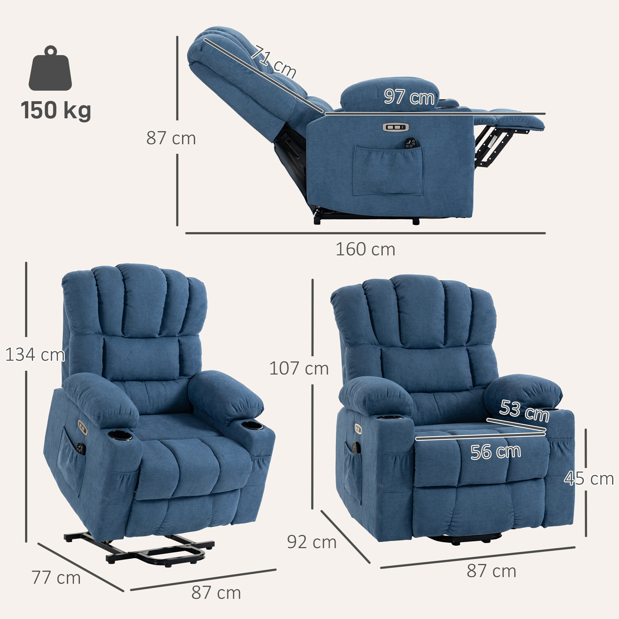 Sillón Relax Reclinable Eléctrico Levanta Personas Mayores con 8 Puntos Masaje Vibratorio y Calor, Sillón Elevador, Asiento Ancho, USB-C, USB-A, Bolsillos, Portavasos, Reposapiés, de Rizo Azul