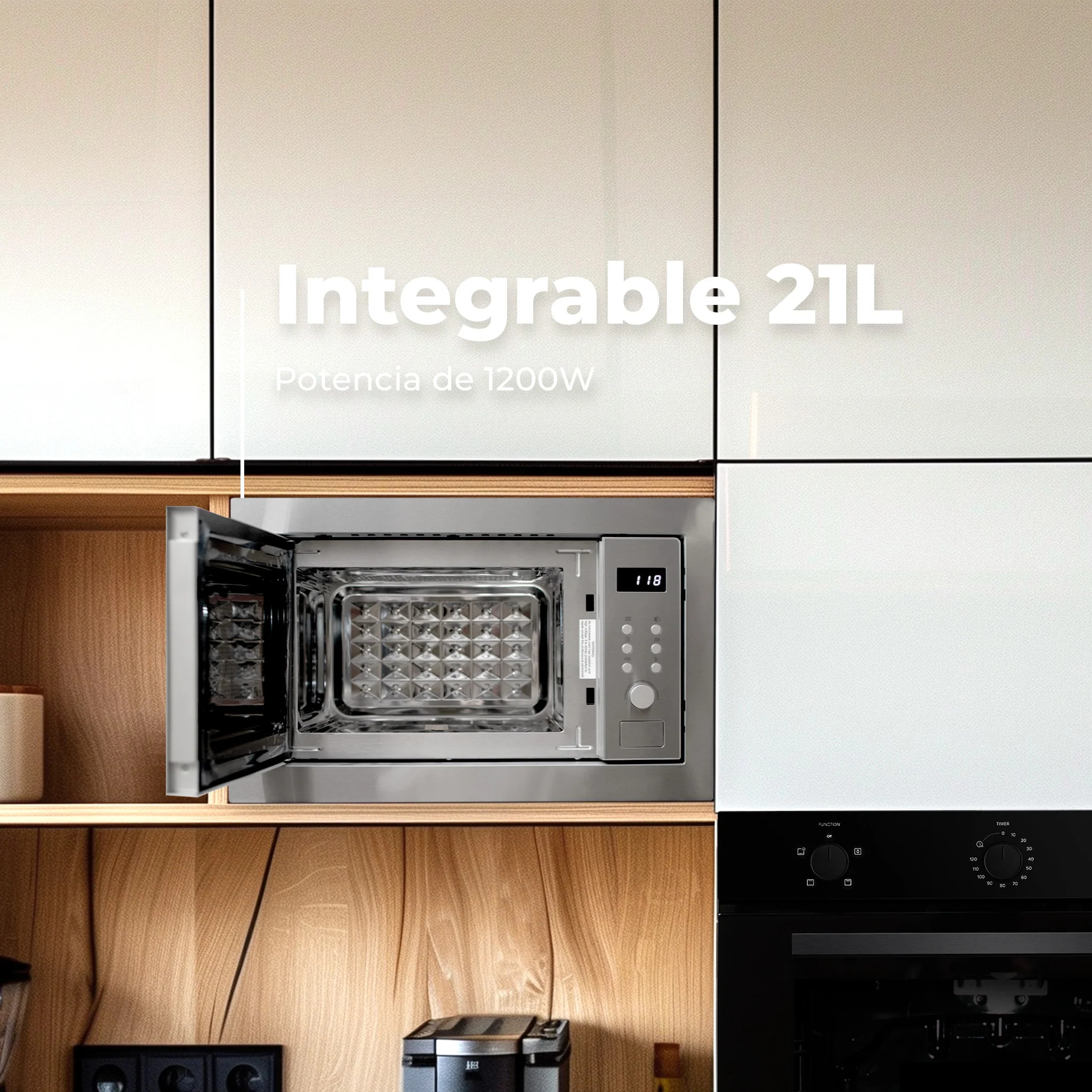EVVO Microondas integrable Mi35 Negro, 25L, grill 1000W, 8 funciones, multifunción, temporizador 60 min, display digital, negro