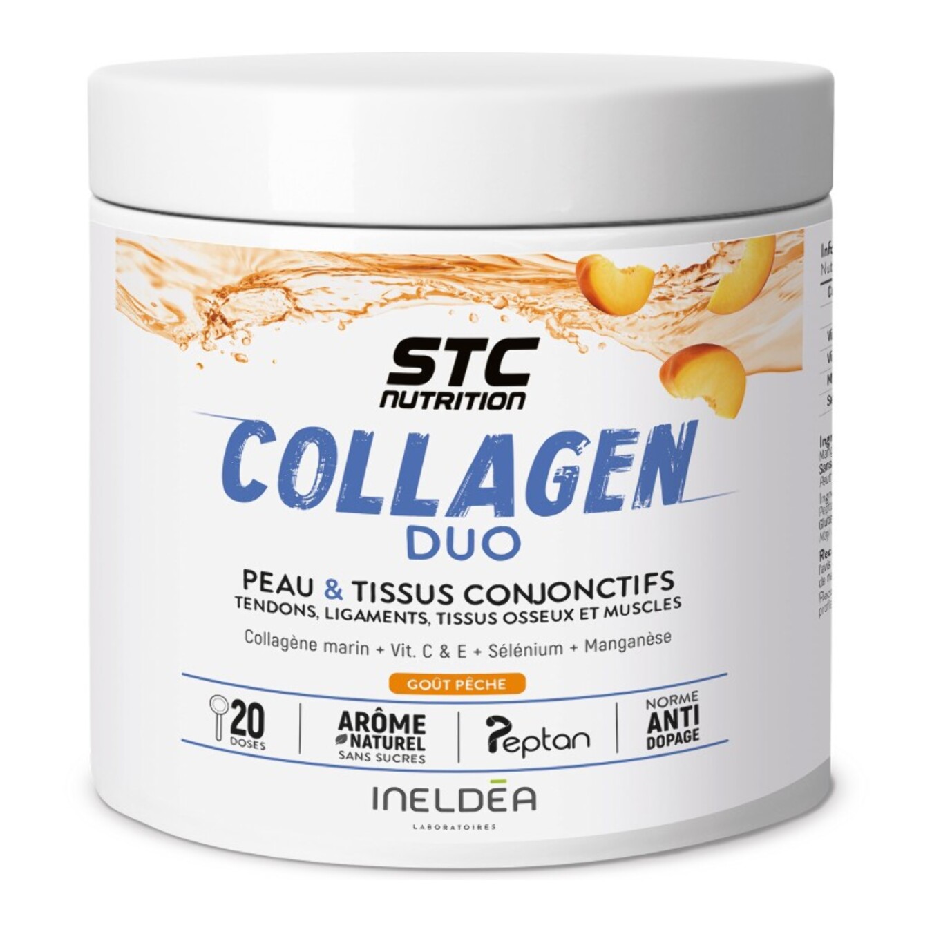 STC NUTRITION - Collagen Duo - Favorise la Santé de la Peau, des Os et des Articulations - Collagène Marin Type I + Vitamines C & E + Sélénium + Manganèse - Arôme naturel de pêche - 20 doses