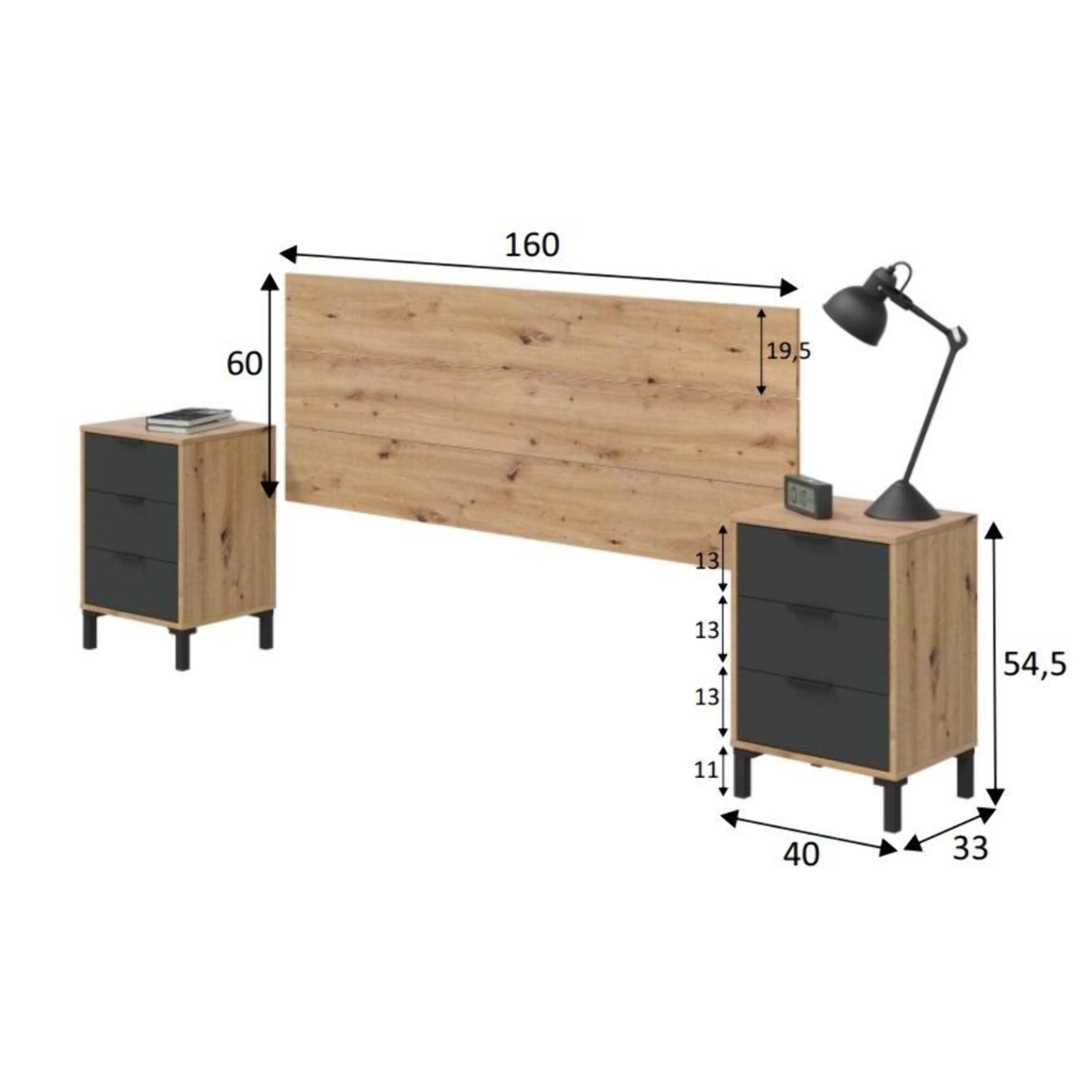 Comodino Allan, Set camera da letto, Testiera letto e 2 Comodini a 3 cassetti, 160x2 cm, Rovere effetto nodi e Antracite