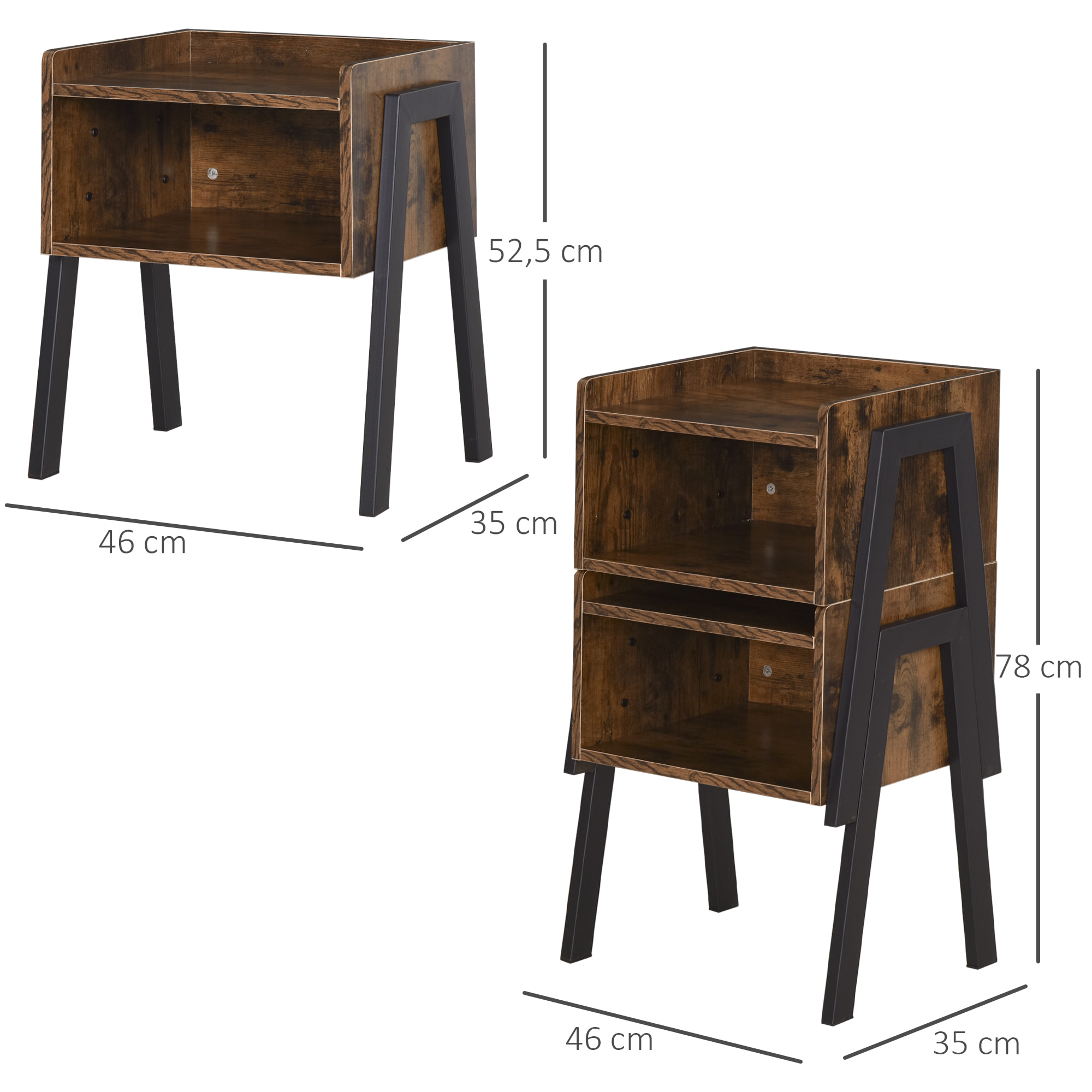 Tables de chevet style industriel - lot de 2 tables de nuit - meubles empilables - panneaux particules aspect vieux bois métal noir