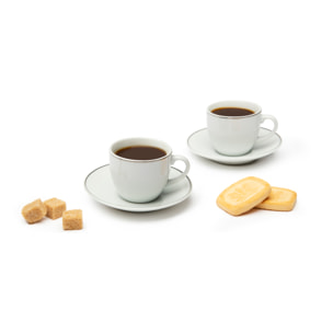 Set 6 Tasses à Café avec Soucoupes Excelsa – Platinum, Porcelaine Blanche avec Bordure Argentée