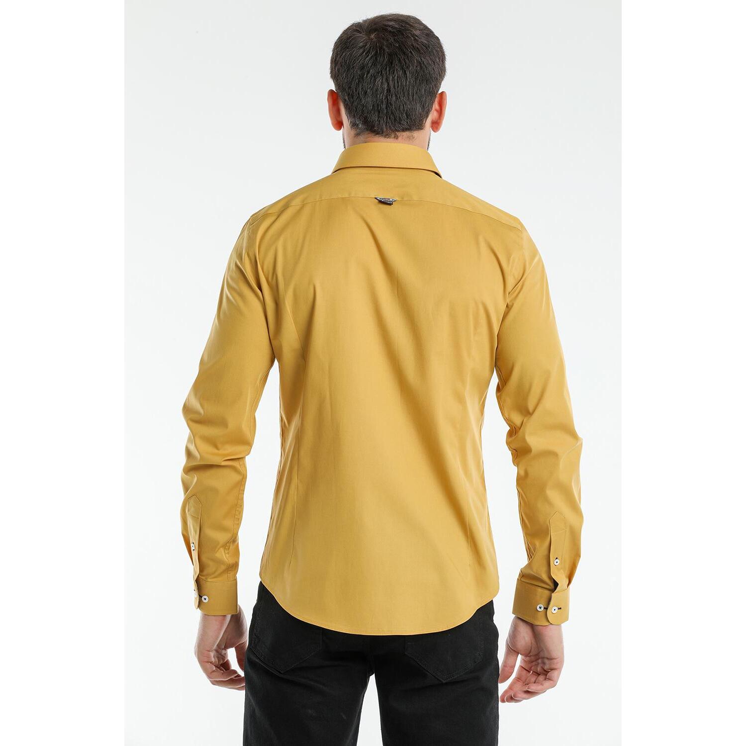 Camicia 1 Bottone Button Down Slim Uomo Popeline Stretch Unito Senape