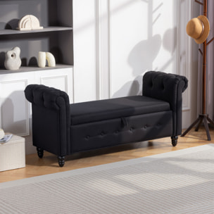 Banquette coffre de rangement 2 en 1 design Chesterfield accoudoirs courbés capitonnés piètement bois noir aspect lin noir