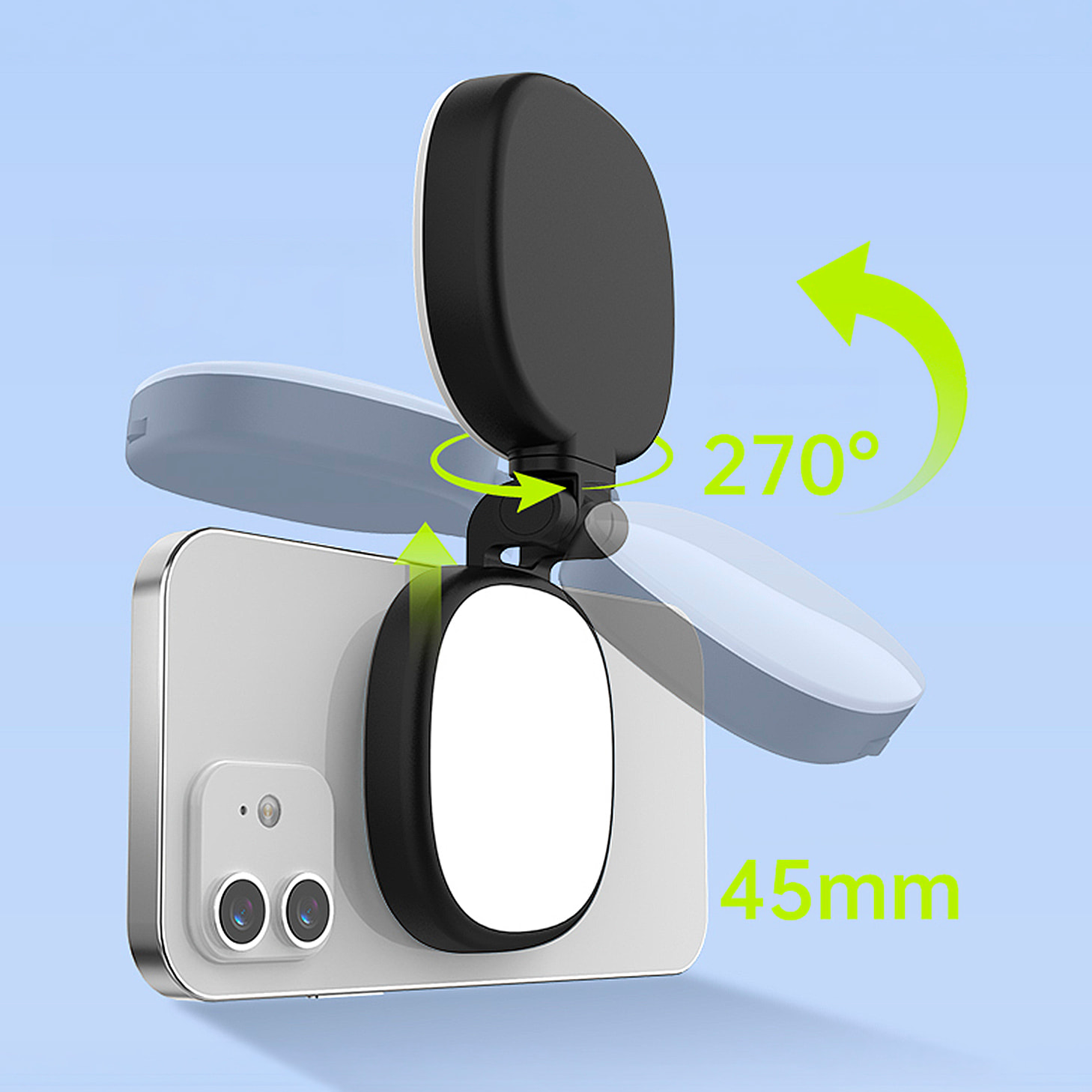Lámpara de iluminación suplementaria para selfies con espejo, 3 tipos de luz, regulación de brillo y batería recargable.