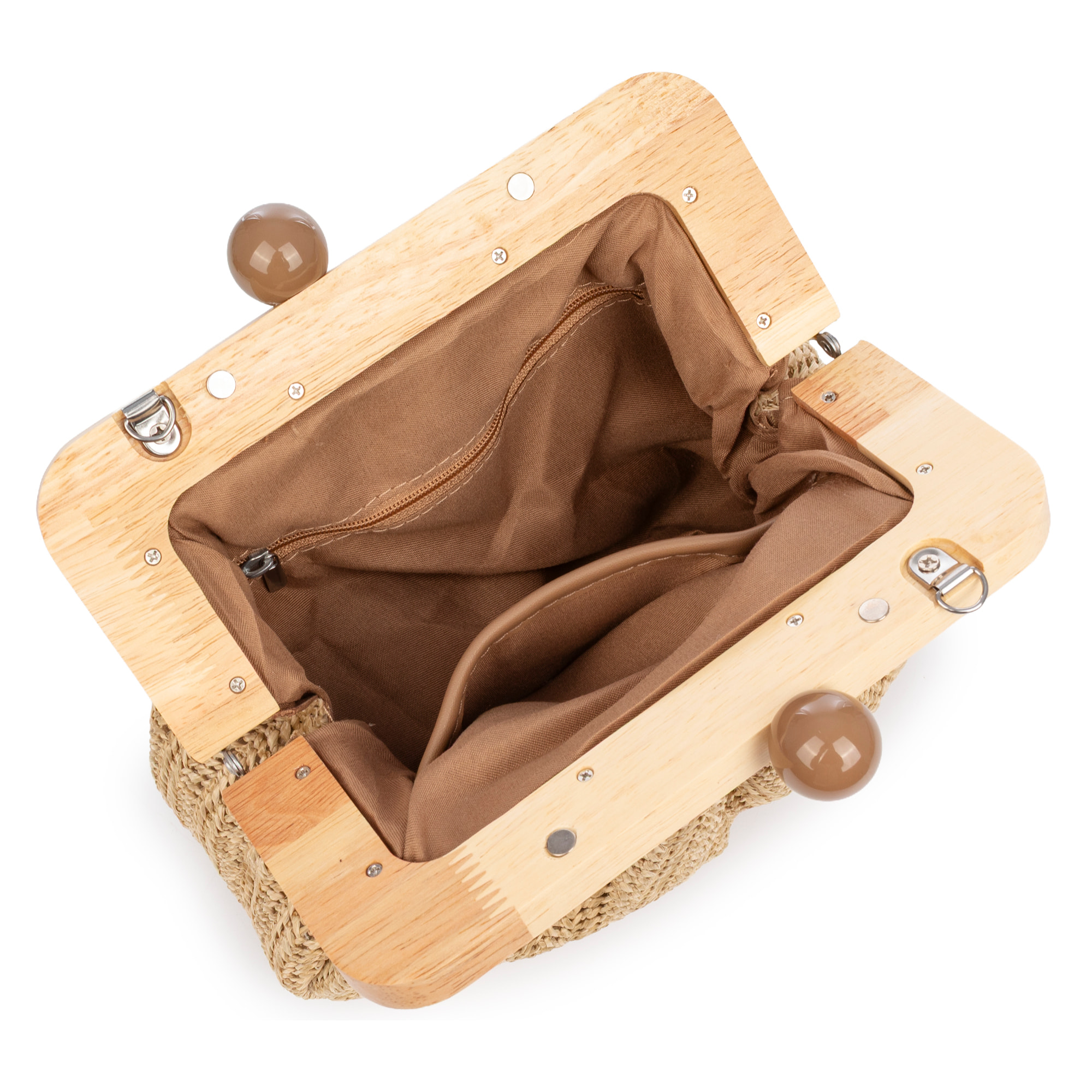 BeneLario Bolso bandolera Mujer. Tela con detalles de madera natural y piel sintética.
