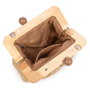 BeneLario Bolso bandolera Mujer. Tela con detalles de madera natural y piel sintética.