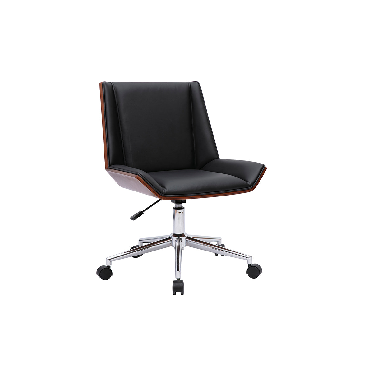 Chaise de bureau à roulettes design noire, bois foncé et acier chromé MELKIOR