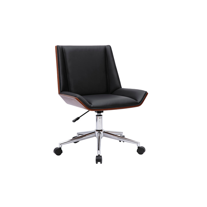 Chaise de bureau à roulettes design noire, bois foncé et acier chromé MELKIOR