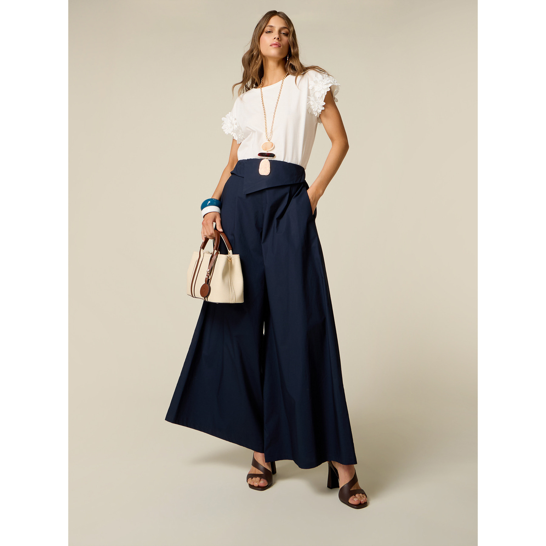 Oltre - Pantaloni wide leg con baschina in vita - Blu