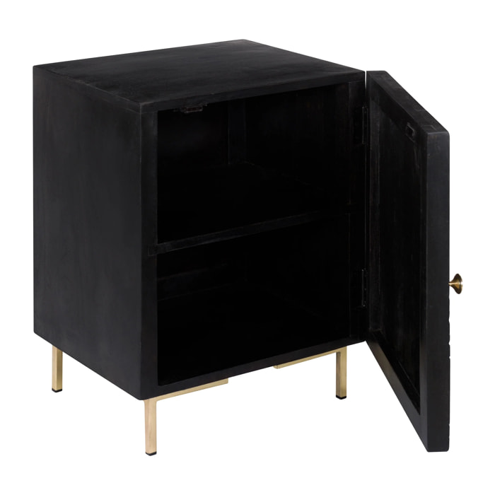 Chevet 1 porte en bois gravé noir et métal doré - Chimane