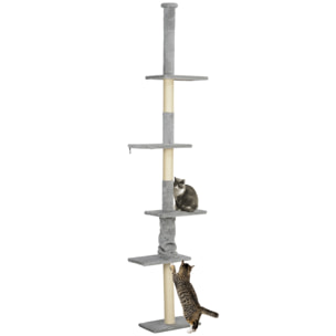 Árbol para Gatos de Suelo a Techo 225-275 cm Árbol Rascador para Gatos Torre para Gatos con Múltiples Plataformas Sistema de Antivuelco Gris Claro